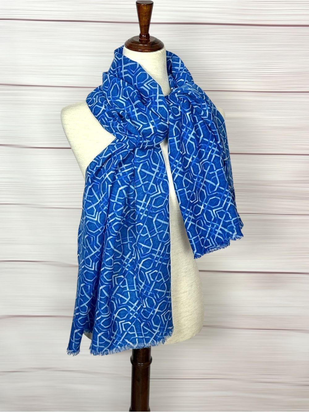 J.McLaughlin Large Wool Scarf Shawl Blue White Printed Lightweight 29x68"